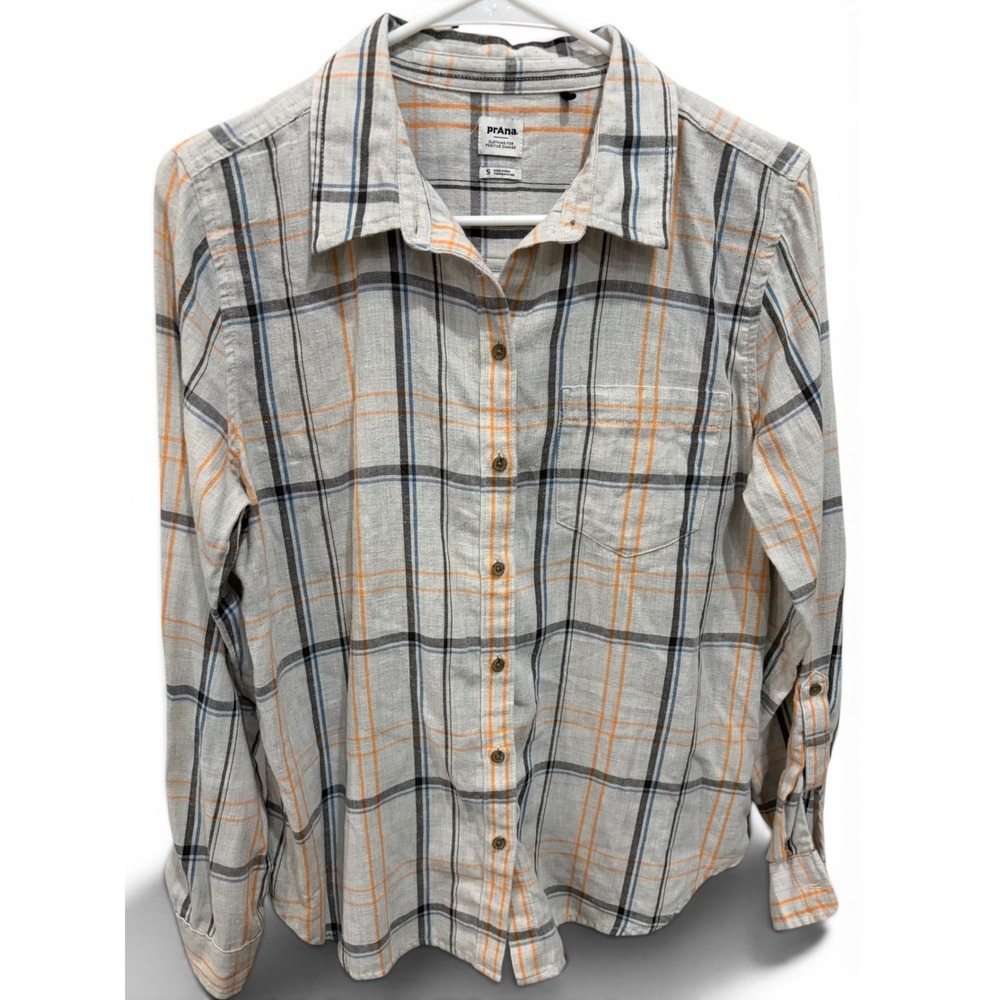 prAna Womens Small Plaid Button Down Shirt Grey Orange Roll Tab Sleeve Gorpcore